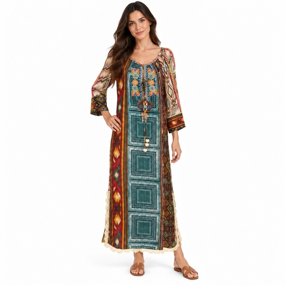 Antica Sartoria Giacomo Cinque Boho Maxi Dress M Kaftan Beaded Embroidered
